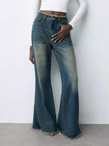 SHEIN Maija 女士低腰宽松阔腿蓝色牛仔裤 - 中等水洗藍 - 查看 1