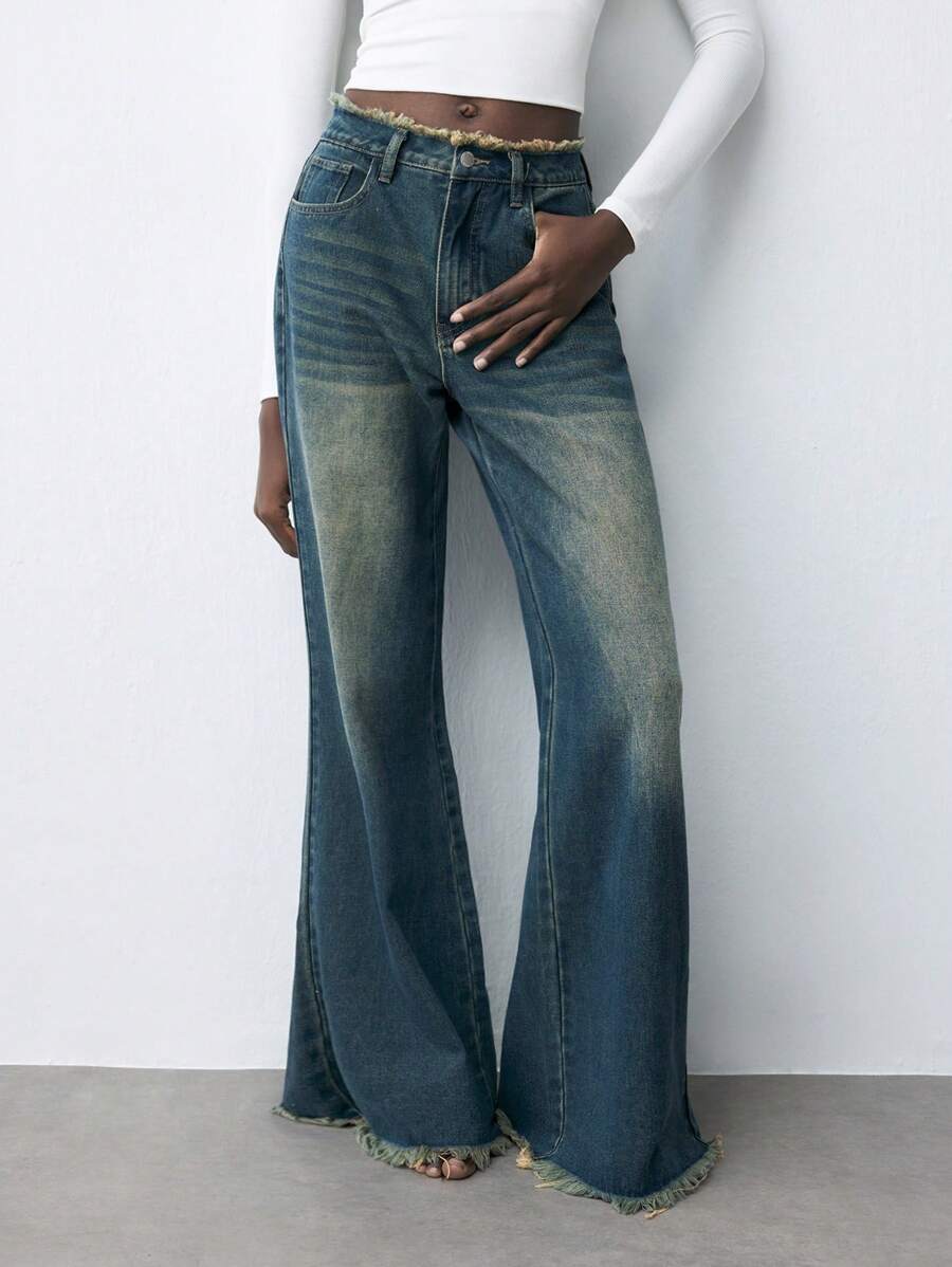 SHEIN Maija 女士低腰宽松阔腿蓝色牛仔裤 - 中等水洗藍 - 查看 1