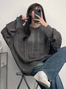 DAZY 女士纯色简约休闲长袖宽松镂空毛衣，秋季衣服 - 灰色 - 查看 3