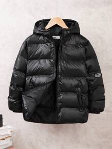 SHEIN Sudadera con capucha acolchada oversize para niños preadolescentes - Negro - Ver 4