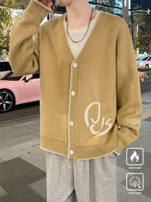 Claim Dot Men's Graphic V-Neck Dropped Shoulder Casual Loose Cardigan, Fall/Winter - Apricot - View 6