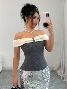 SHEIN Unity Women's Contrast Color Off-Shoulder Elegant Sleeveless Knit Top - Grey - View 6