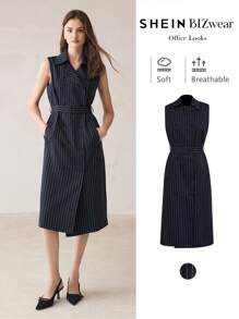 BizChic Veste régulière pour femmes avec imprimé rayé, ceinturée avec poches, sans manches