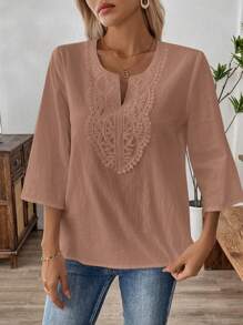 EMERY ROSE 女士度假风格纯色缺口领撞色蕾丝 3/4 袖衬衫 - 粉色 - 查看 6