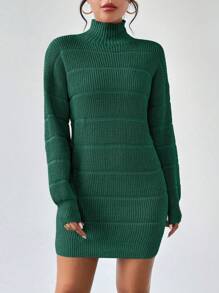 Rafferiza Textured Solid Color Turtleneck Long Sleeve Sweater Dress Fall Winter Cloth For Women - Green - View 4