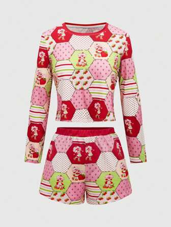 Women's Print Patchwork Round Neck Long Sleeve Top & Shorts Pajama Set