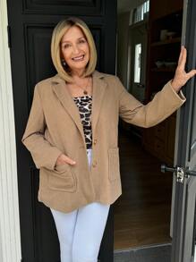 SHEIN LUNE Women's Solid Color Button Front Pocket Long Sleeve Blazer Jacket - Brown - View 6