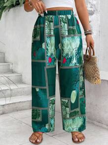 SHEIN LUNE Quần dài đi nghỉ thường ngày in họa tiết cỡ lớn cạp chun - màu xanh lá - Xem 7