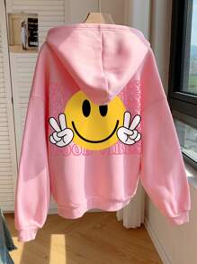 Muchica Women's Casual Minimalist Smiling Face Print Loose Fit Hooded Lightweight Pullover Sweatshirt In Pink, Fall/Winter - Baby Pink - View 3