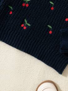 Baby Girl Embroidered Cherry Crew Neck Sweater, Autumn - Navy Blue - View 4