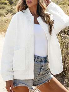 CILKOO Women's Floral Embossed Casual Loose Fit Bomber Jacket - White - View 6