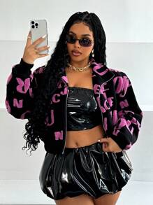 Maweii Áo khoác ngắn tay dài in chữ cỡ lớn cho nữ, mùa thu đông - màu đen - Xem 2