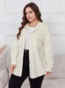 Lacomfia Áo khoác thường ngày tay dài cài nút màu trơn cỡ lớn - Màu be - Xem 3