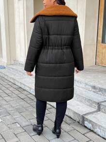 SHEIN Frenchy Abrigo acolchado negro de largo medio con cuello de piel, invierno, forro polar esponjoso para mantener el calor, grueso - Negro - Ver 5