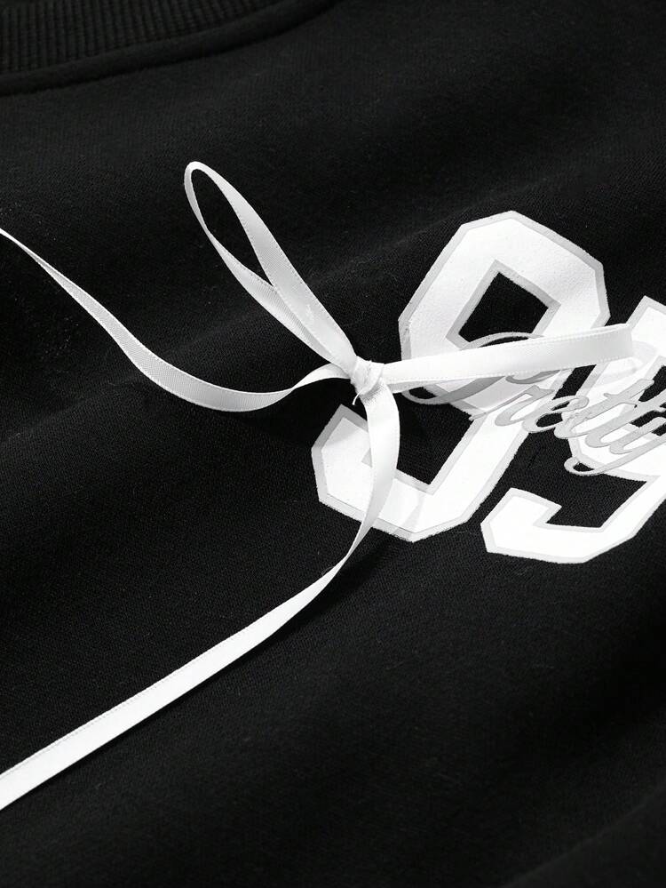 Numeric Print Color Block Bow Loose V-Neck Long Sleeve Sweatshirt For Women,Fall Women Clothes