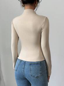 Firerie 女士亚麻色罗纹花卉图案立领长袖 T 恤