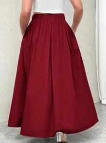 Firerie Plus Size Women Gray High-Waisted Maxi Pleated A-Line Skirt With Pockets And Elastic Waist, Back To School Spring To Summer - Red - View 2