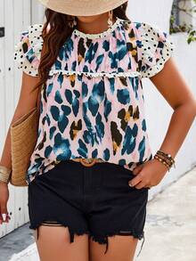 Calvaya Áo sơ mi tay ngắn thường ngày họa tiết ruffle cỡ lớn in ngẫu nhiên - Hồng - Xem 4