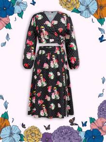 Frida Kahlo X SHEIN Plus Size Elegant Sexy Basic Black Floral & Figure Graphic Artistic Polka Dot Print Blouse & Split Midi Skirt 2-Piece Set, Autumn/Winter