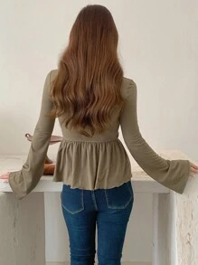 DAZY Women's Solid Color Square Collar Ruffle Hem Long Sleeve T-Shirt - Brown - View 6