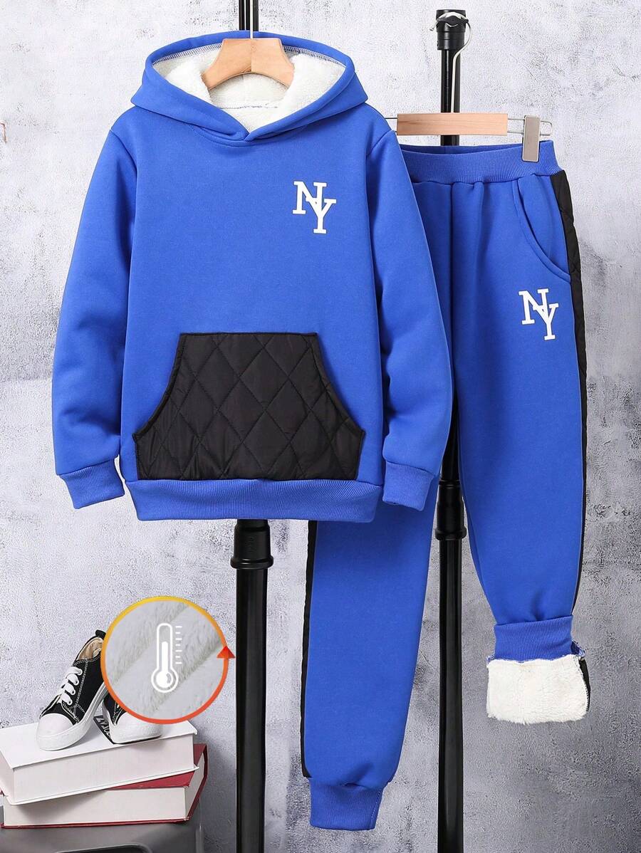 SHEIN 秋冬季 Tween 男童保暖内衬连帽衫,配有字母印花贴袋和运动裤 - 寶藍色 - 查看 1