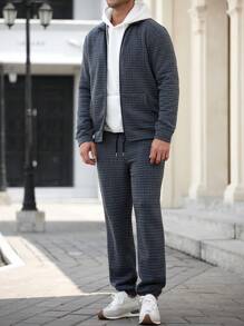 Manfinity Homme 2件套男士休闲拉链连帽衫和抽绳腰带运动裤套装 - 深灰色 - 查看 3