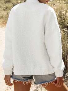 CILKOO Women's Floral Embossed Casual Loose Fit Bomber Jacket - White - View 4