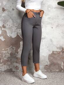 SHEIN LUNE Casual Solid Color Slim Fit Denim Pants - Dark Grey - View 4