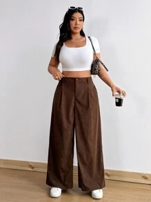 Flirla Plus Size High Waisted Brown Corduroy Palazzo Pants For Women, Loose Casual Trousers For Fall/Winter - Brown - View 4