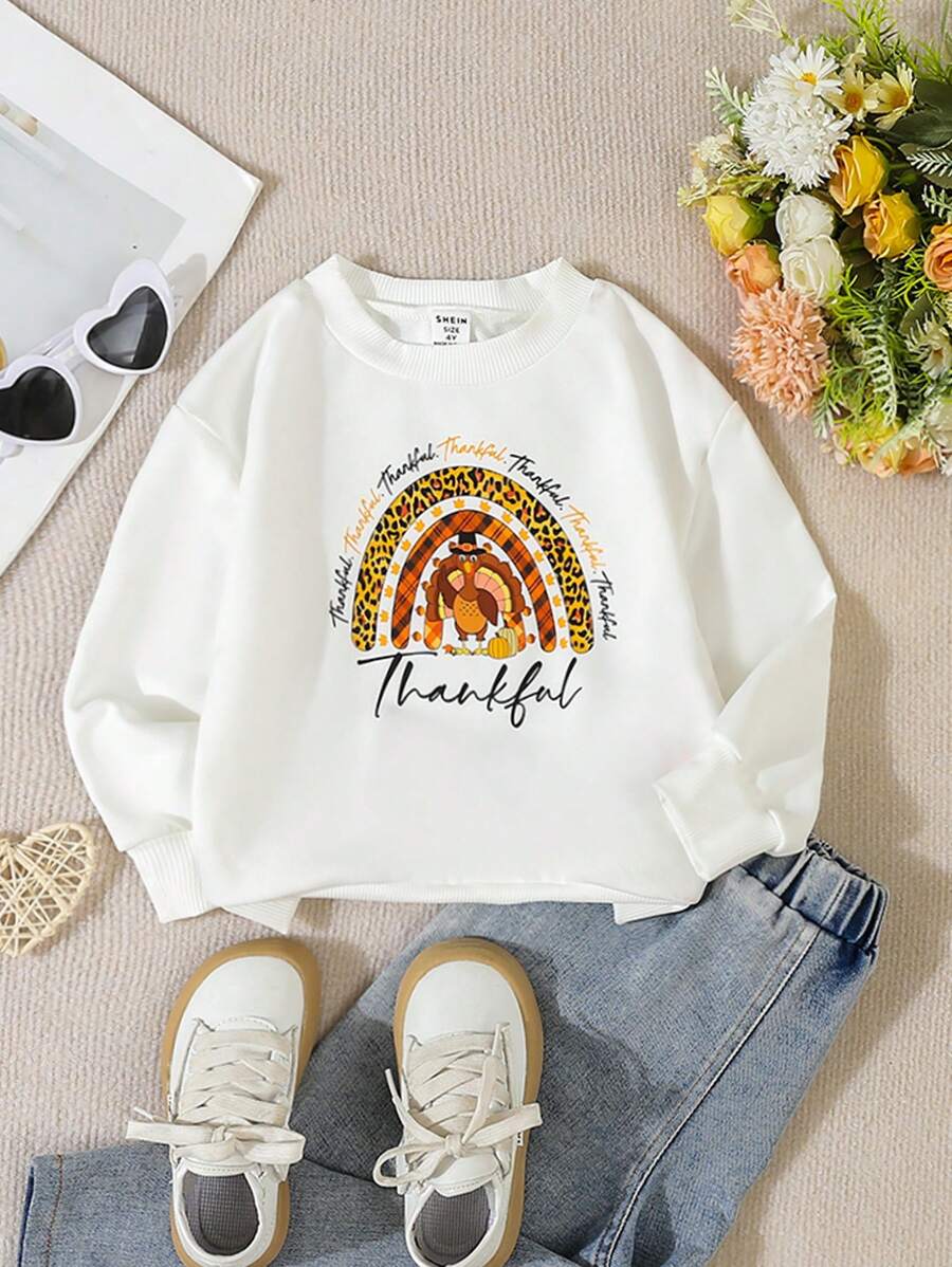 SHEIN Áo nỉ dệt kim dài tay cổ tròn in họa tiết gà tây và da báo cho bé gái nhân ngày lễ Tạ ơn vào mùa thu/đông - trắng - Xem 1