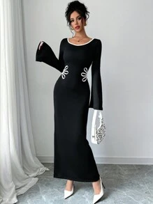 Firerie Women's Contrast Color Block Long Sleeve Dress, Color Blocking Trim - Black and White - View 5