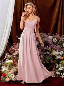 Floral Applique Crossed Wrap Spaghetti Strap Elegant Sleeveless Bridesmaid Dress For Adult - Pink - View 3