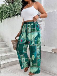 SHEIN LUNE Quần dài đi nghỉ thường ngày in họa tiết cỡ lớn cạp chun - màu xanh lá - Xem 6