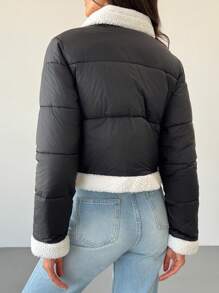 Aloruh 简约百搭通勤羊毛混纺防风保暖短款长袖修身黑色女士棉服外套 - 黑與白 - 查看 2