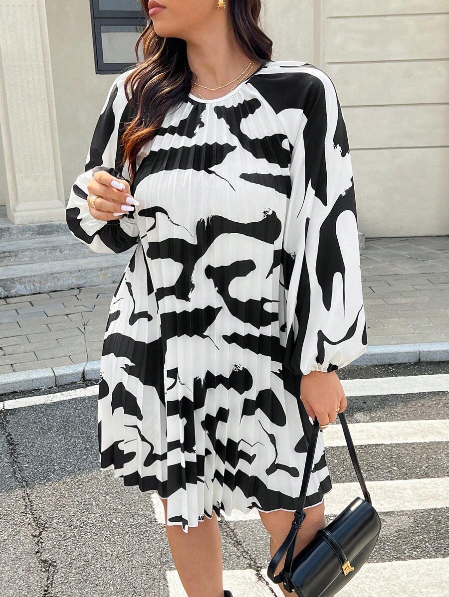 SHEIN Frenchy 大码休闲优雅褶皱圆领全身印花长袖 A 字形连衣裙 - 黑與白 - 查看 1