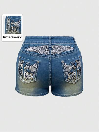 Fairycore Women's Wing Embroidered Casual Denim Shorts With Pockets, School