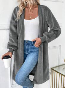 SHEIN LUNE Women's Open Front Fluffy Long Cardigan Fluffy Regular Sweater Thermal Fall Cloth For Women - Grey - View 4