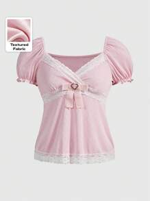 ROMWE Kawaii 可爱甜美蝴蝶结装饰 Himekaji 对比蕾丝娃娃装 T 恤