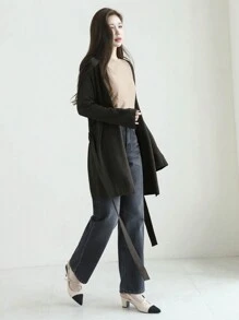 Cárdigan de punto de corte relajado con cierre de lazo, de unicolor y estilo casual para mujer - Marrón - Ver 7