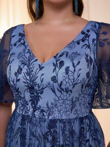 Váy lưới thêu ren tay chuông cỡ lớn màu tương phản cổ chữ V, váy dạ hội trang trọng, cho khách dự tiệc cưới, tốt nghiệp, tiệc tối - Màu xanh lam - Xem 5