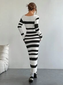 Flirla Women's Striped Turtleneck Long Sleeve Maxi Fitted Elegant Sweater Dress, Autumn Winter - Black and White - View 2