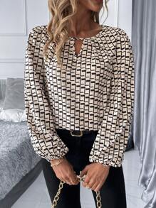 SHEIN Clasi Women's Regular Fit Crew Neck Long Sleeve Geometric Print Blouse, Autumn - Apricot - View 4