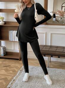 SHEIN 2pcs Maternity Solid V-Neck Long Sleeve Top And Pants Set - Black - View 6
