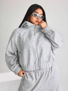 SHEIN ICON Plus Size Casual Thermal Lined Hooded Jacket, Fall/Winter - Light Grey - View 2
