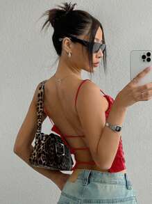 SHEIN EZwear 1pc Red Knitted Backless Women Tank Top - Red - View 4