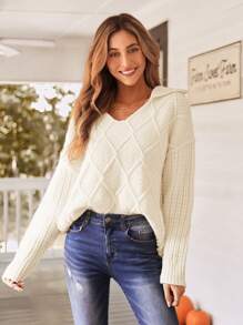 SHEIN VCAY Women's Casual Plain Knitted Sweater With Large Lapel, Autumn/Winter,Halloween Costumes Adults,Thanksgiving Women Outfit,Women Sweaters,Hollowed Costumes,Winter Women Dress,
, - Apricot - View 1