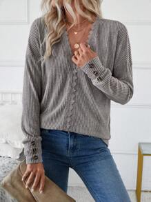 SHEIN LUNE Women's Fashion V-Neck Long Sleeve Lace Ribbed Knit Pullover Sweatshirt
