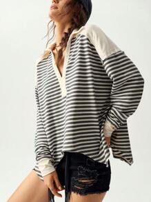 Bohemela 宽松不对称下摆半开领蓝白条纹针织休闲女式长袖T恤，秋季