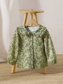 SHEIN Vintaside Kids 年轻女孩灯芯绒领衬衫绿色，复古乡村法式风格，适合秋冬季 - 綠色 - 查看 1