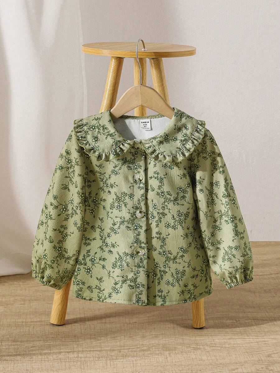 SHEIN Vintaside Kids 年轻女孩灯芯绒领衬衫绿色，复古乡村法式风格，适合秋冬季 - 綠色 - 查看 1